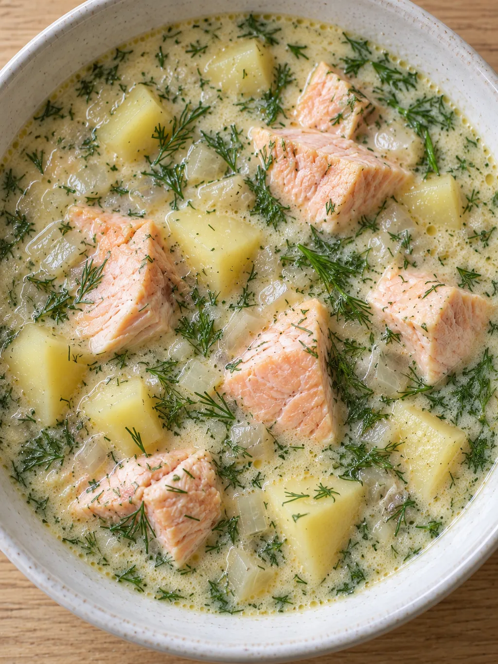 Gräddig tornedalsk laxsoppa med hela laxbitar, potatis och grön dill