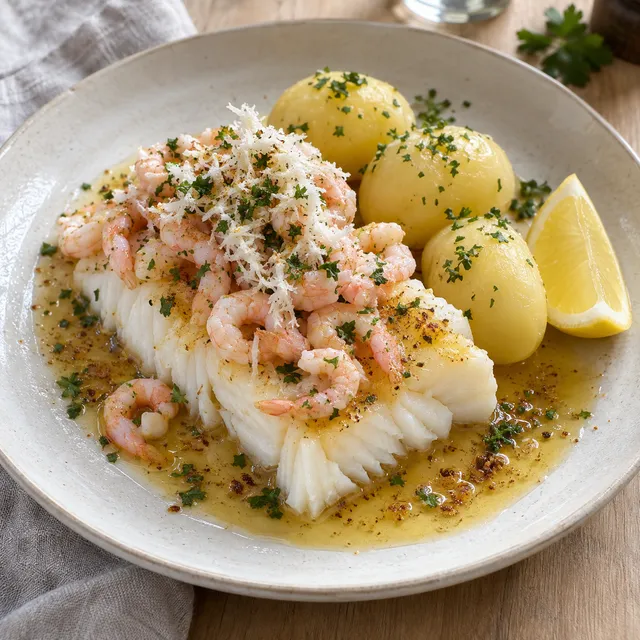 Torskrygg med brynt smör, räkor, pepparrot och kokt potatis på en ljus tallrik