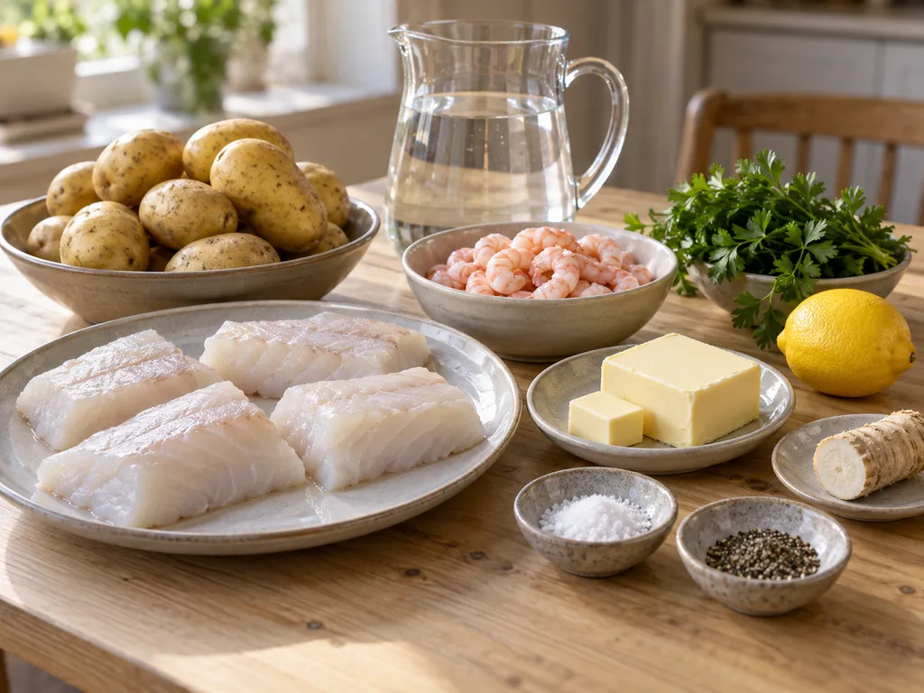 Torskrygg, kokta räkor, potatis, smör, citron, persilja och färsk pepparrot
