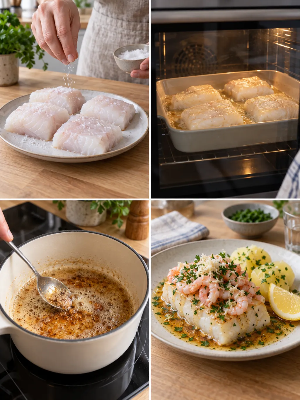 Saltning och ugnsbakning av torsk, bryning av smör och färdig torsk med räkor