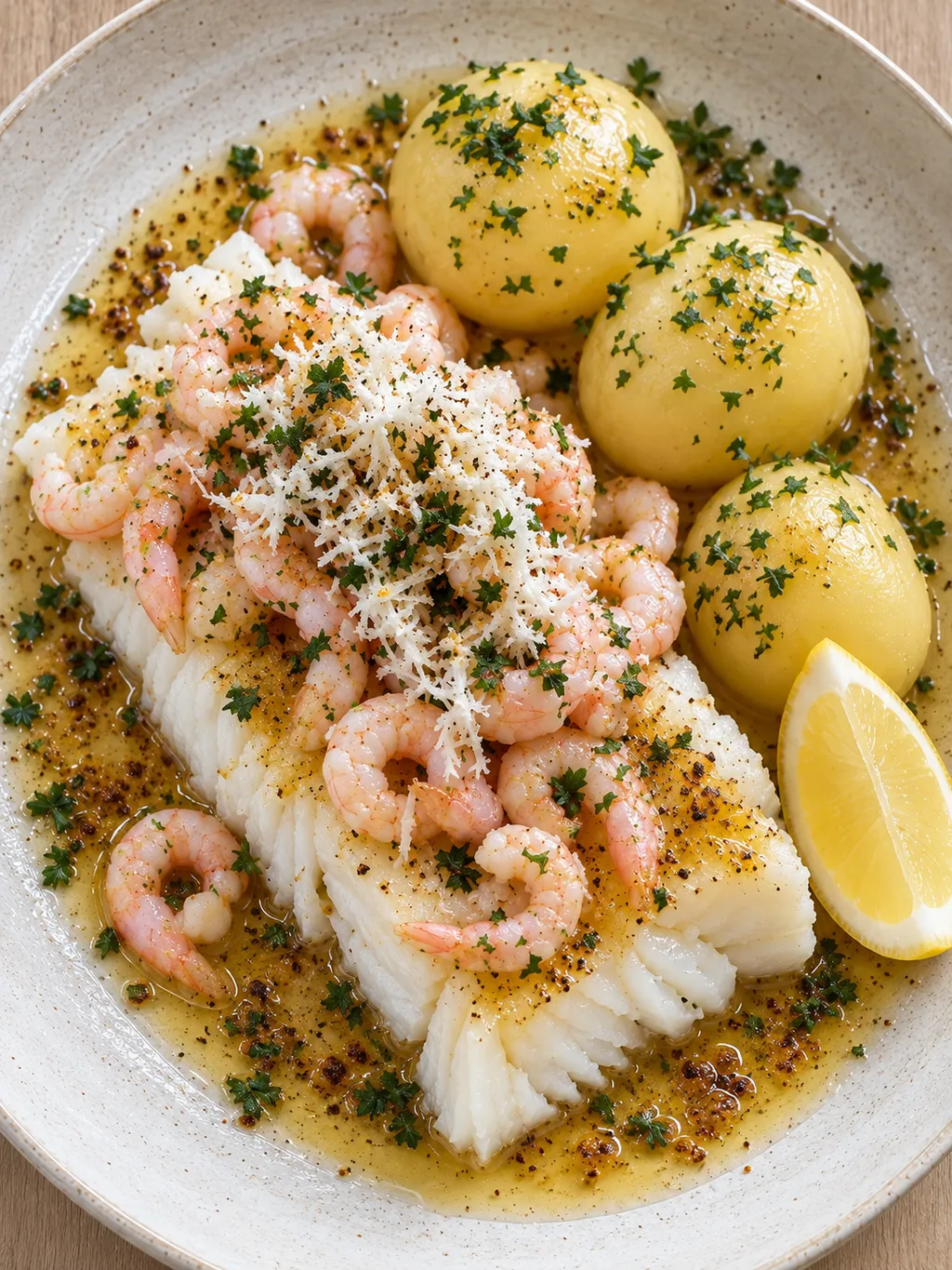 Torskrygg med rosa räkor, brynt smör, riven pepparrot och potatis