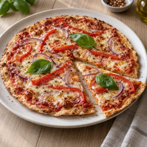 Tortillapizza med smält ost, röd paprika, rödlök och basilika