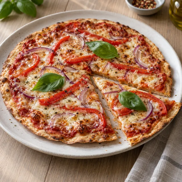 Tortillapizza med smält ost, röd paprika, rödlök och basilika