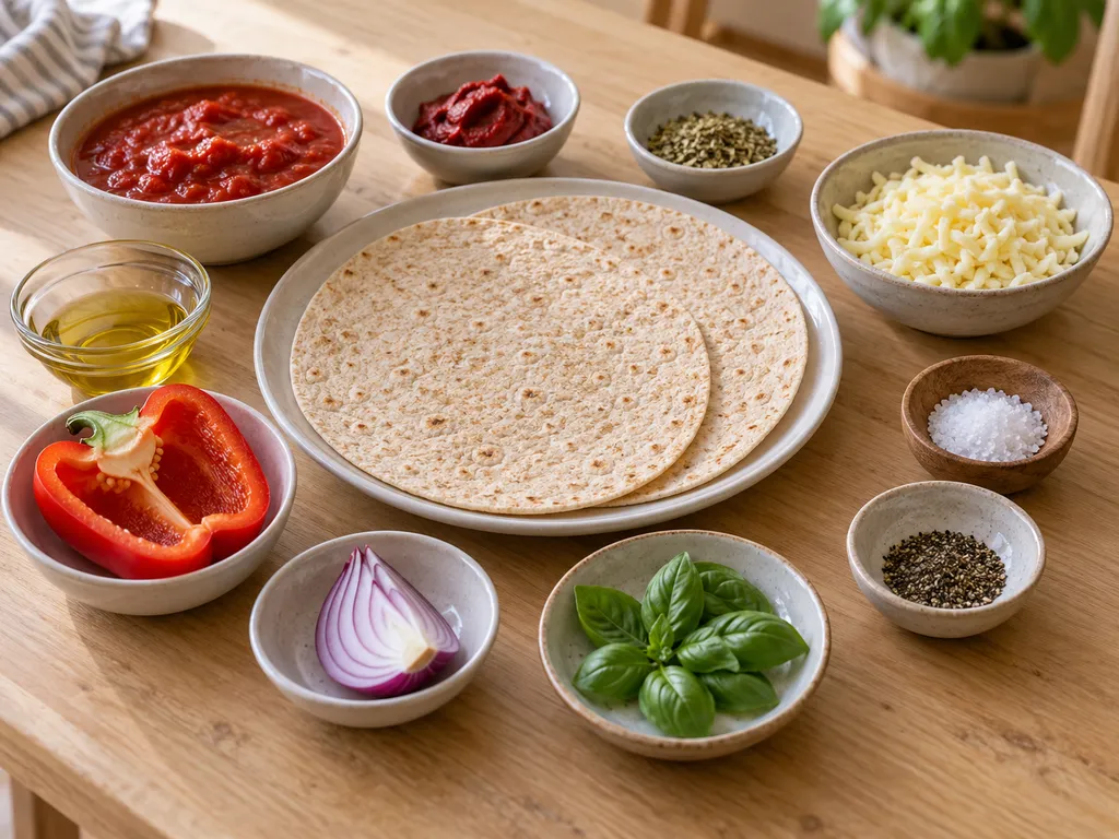 Tortillabröd, tomater, ost, paprika, rödlök och kryddor till tortillapizza