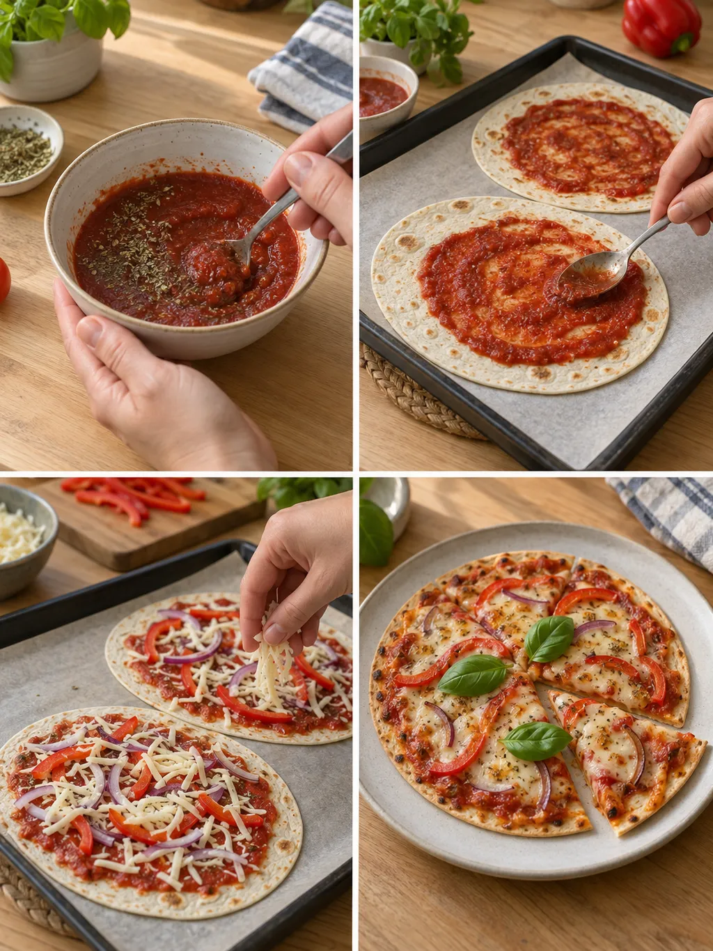 Tomatsås blandas och tortillapizza toppas med ost, paprika och rödlök