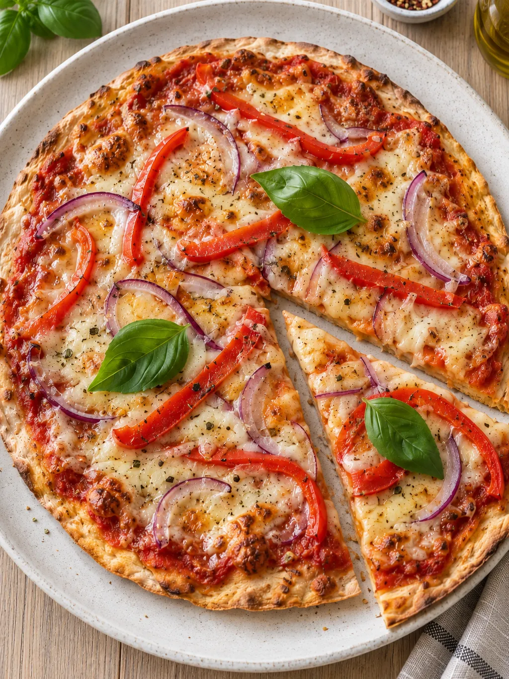 Frasig tortillapizza med gyllene ost, paprika, rödlök och basilikablad