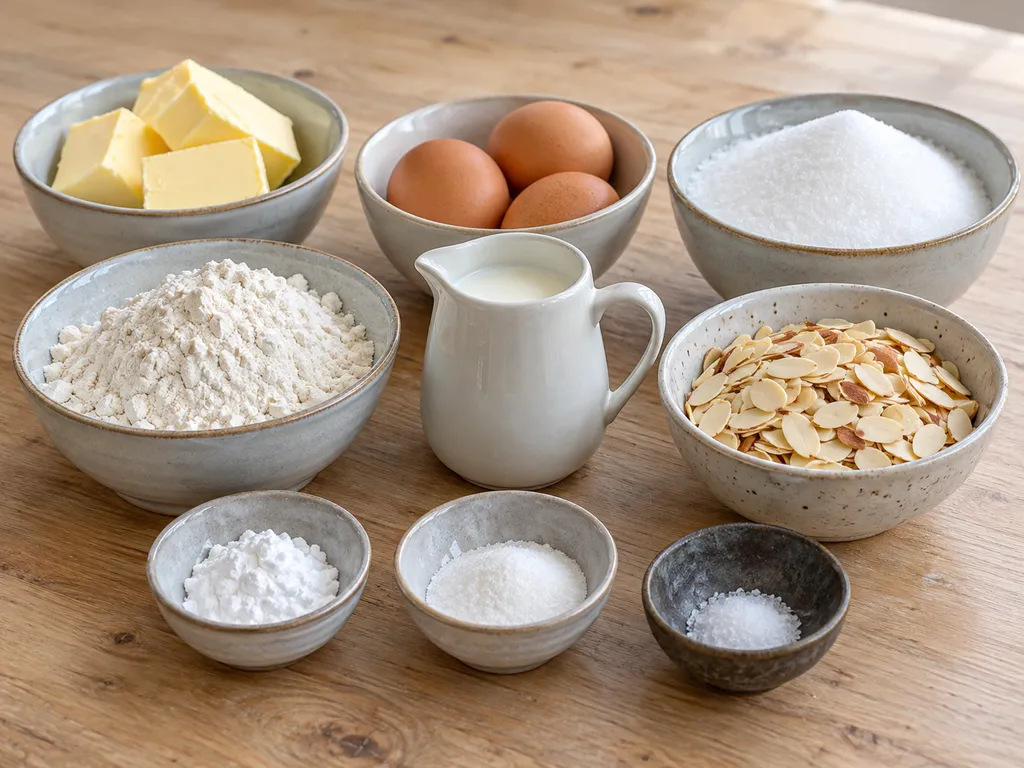 Smör, tre ägg, socker, mjöl, mjölk, bakpulver, vaniljsocker, salt och mandelspån