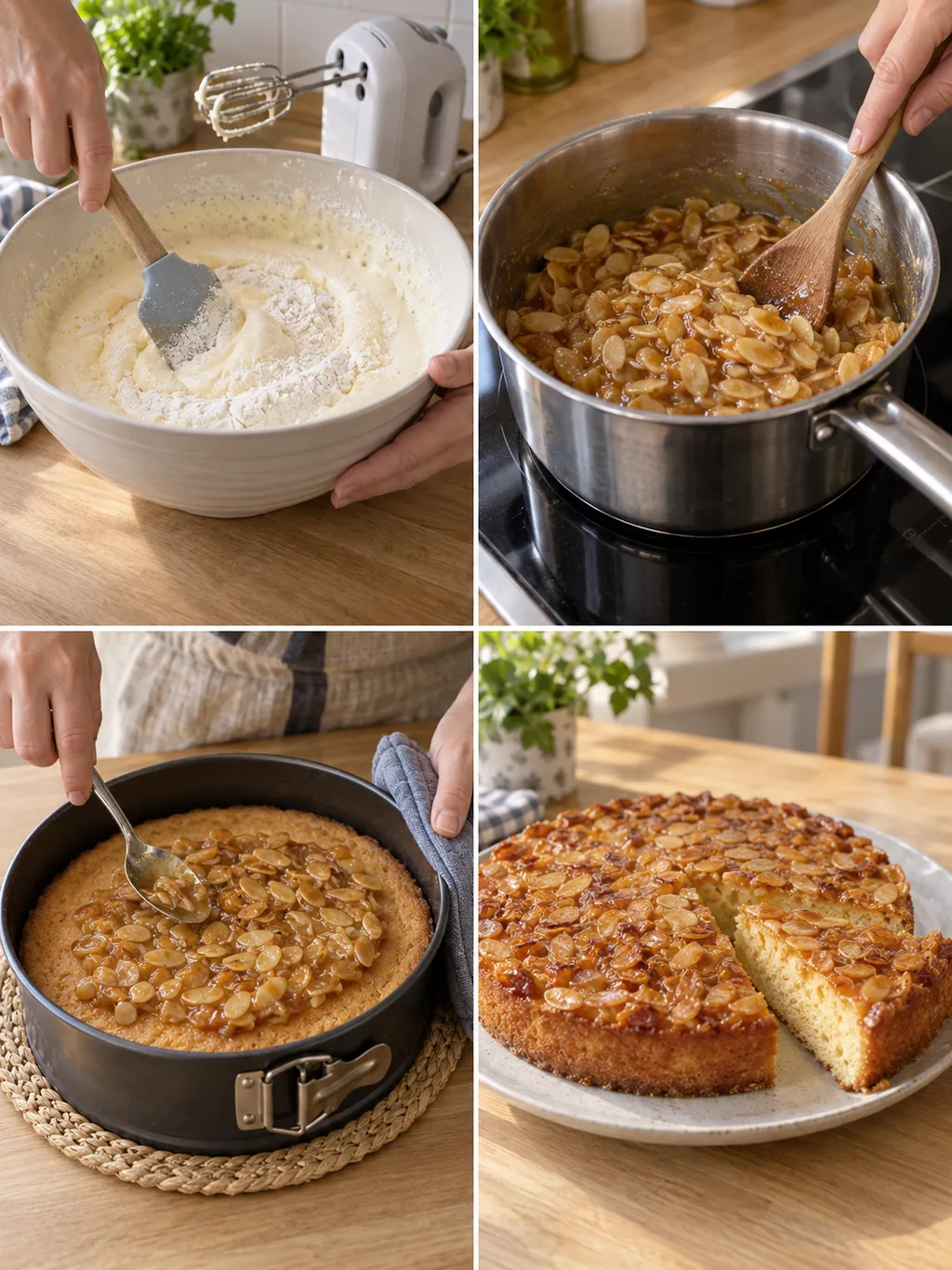 Äggsmet, mandeltosca, topping på kakbotten och färdig toscakaka