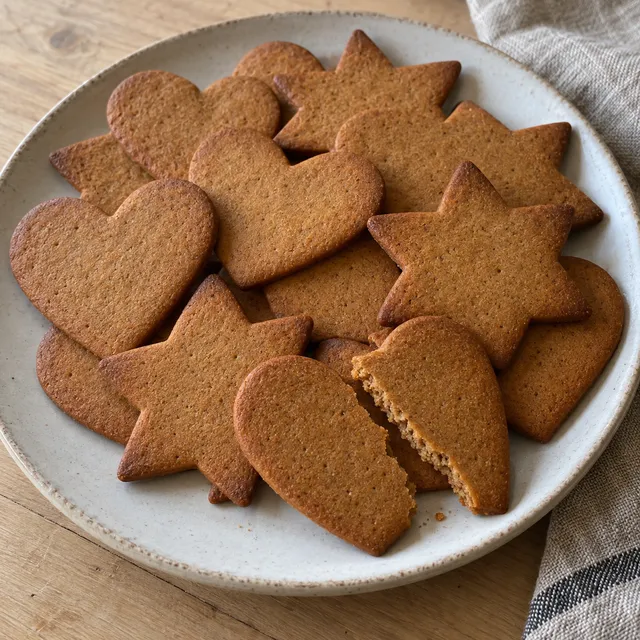 Tunna gyllenbruna pepparkakshjärtan och stjärnor på ett ljust fat