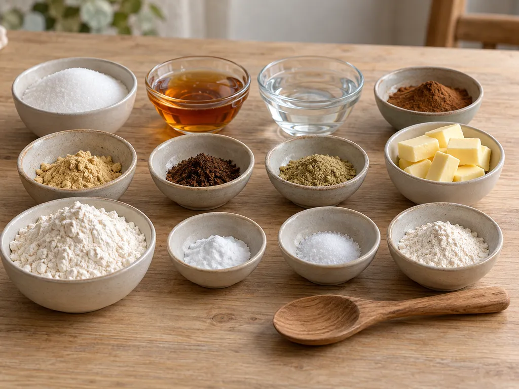 Smör, sirap, mjöl, socker och malda kryddor till tunna pepparkakor