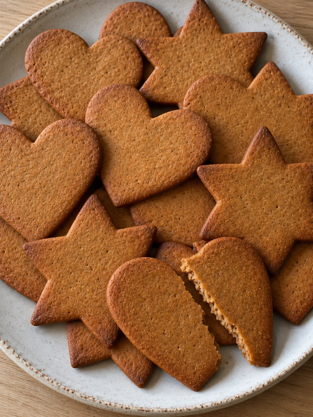 Tunna pepparkakshjärtan och stjärnor med spröda kanter och en bruten kaka