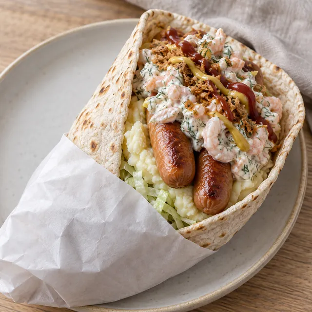 Tunnbrödsrulle med två korvar, potatismos, räksallad och rostad lök