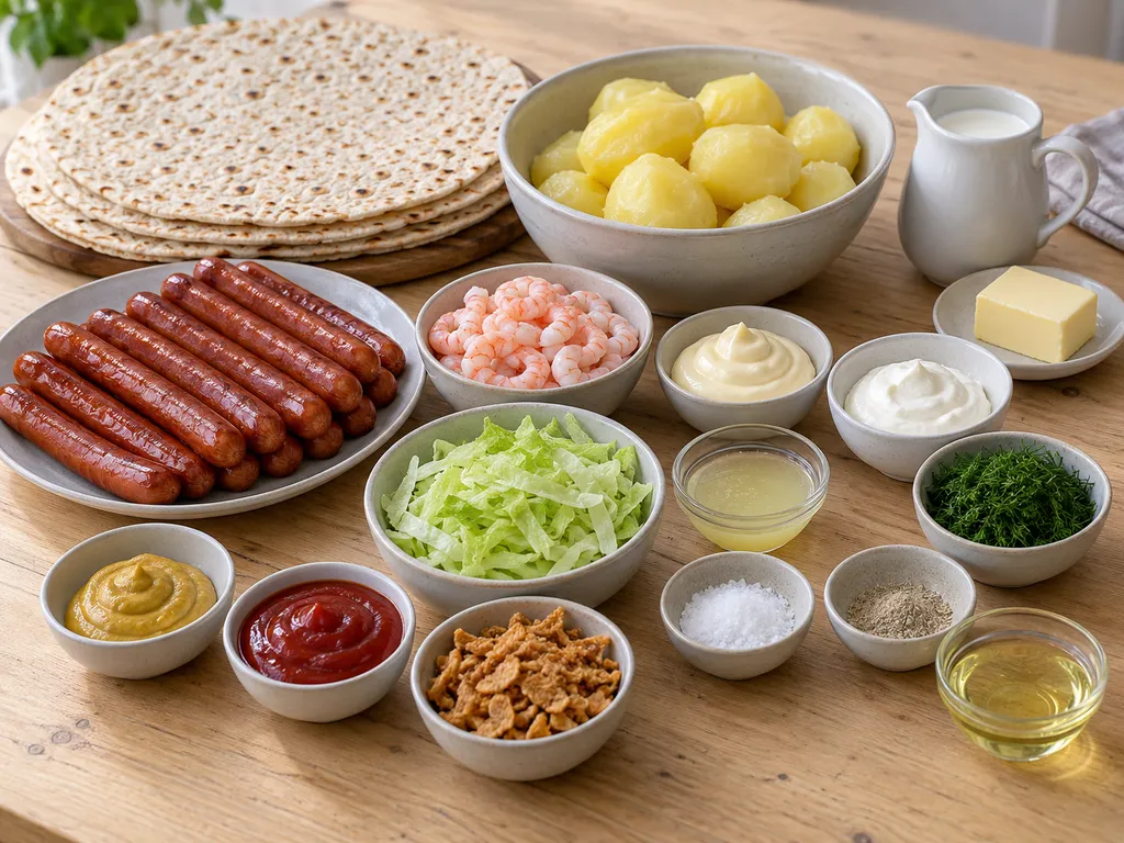 Tunnbröd, korv, potatis, räkor och tillbehör till fyra tunnbrödsrullar