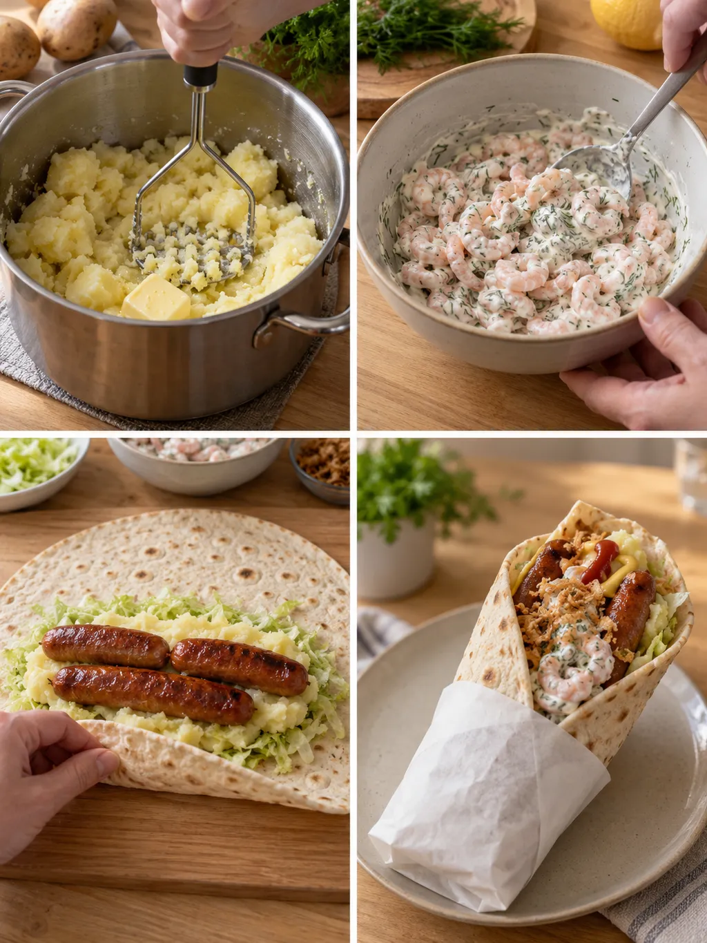 Potatismos, räksallad och vikning av tunnbröd samt en färdig korvrulle