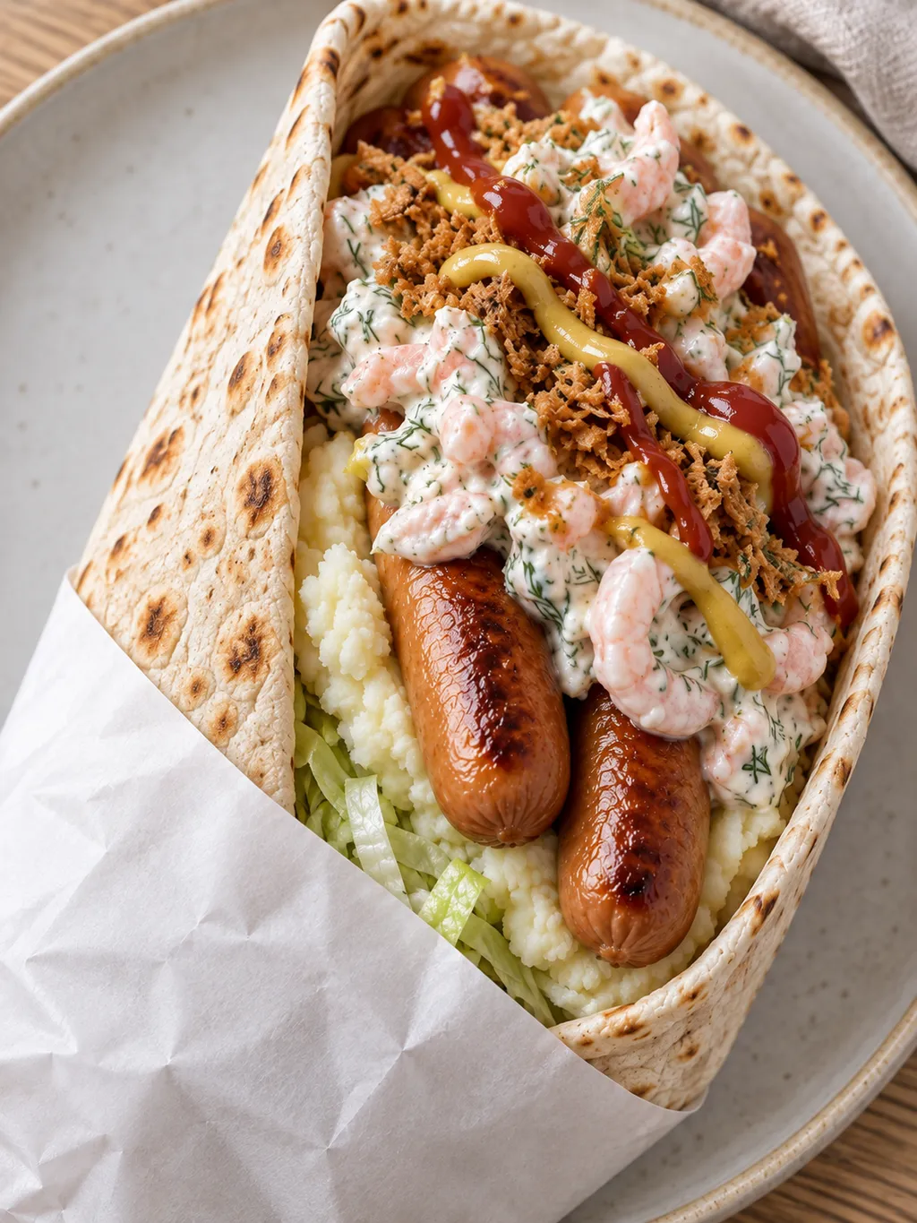 Tunnbrödsrulle fylld med korv, krämigt mos och dillig räksallad