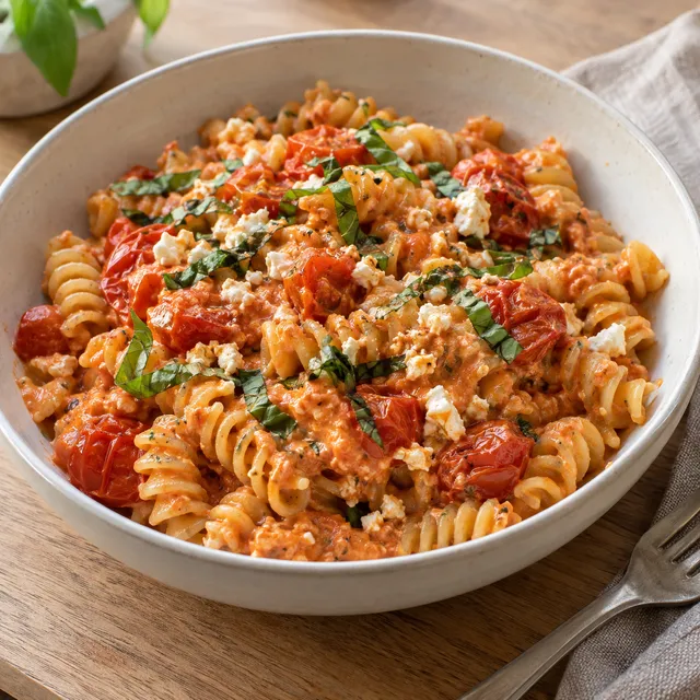 Fetaostpasta med spruckna körsbärstomater och färsk basilika i en ljus skål