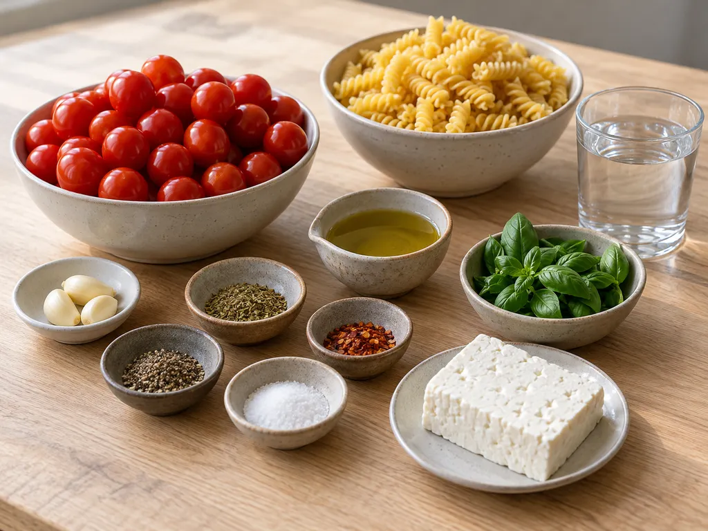 Körsbärstomater, fetaost, fusilli, vitlök, olivolja, basilika och kryddor
