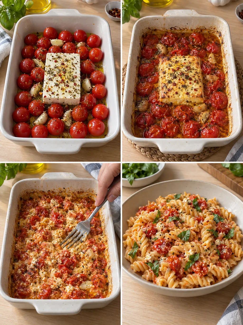 Fetaost och tomater före och efter ugnsbakning, mosad sås och färdig pasta