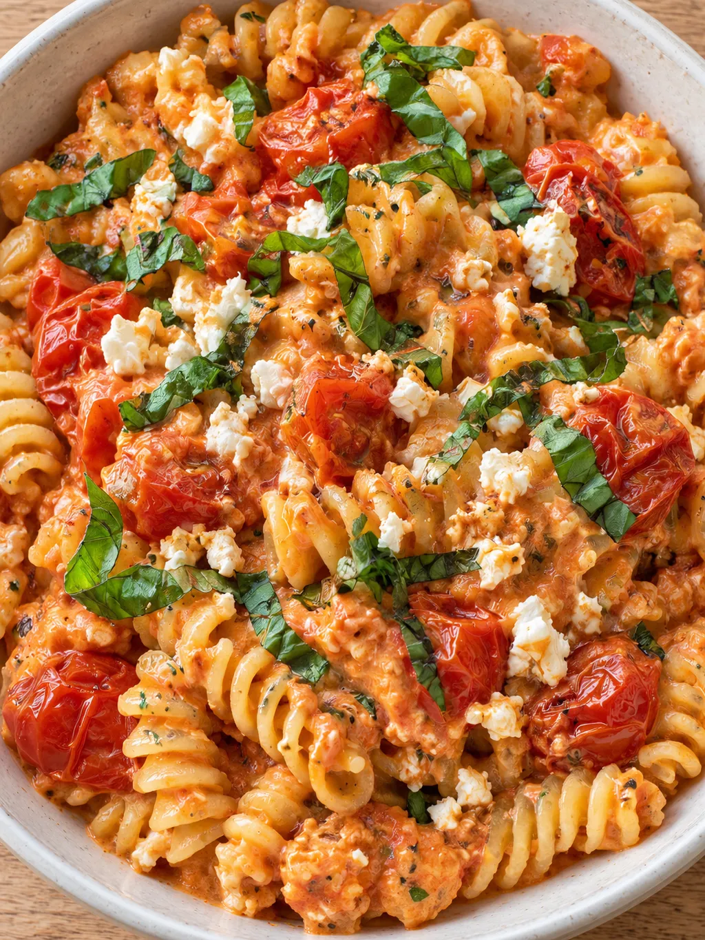 Fusilli med krämig fetaostsås, röda körsbärstomater och gröna basilikablad