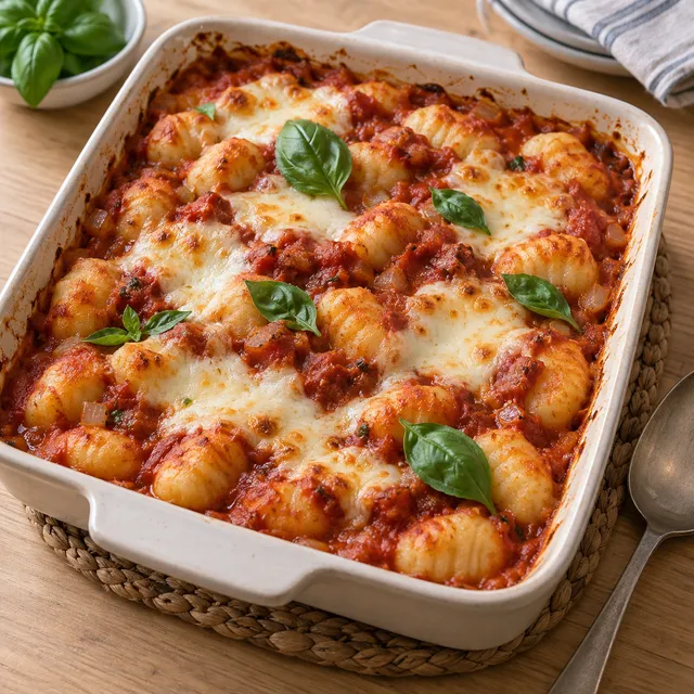 Ugnsbakad gnocchi i tomatsås med gyllene mozzarella och färsk basilika