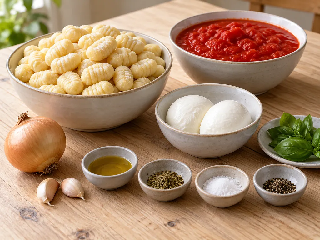 Potatisgnocchi, krossade tomater, mozzarella, lök, vitlök och basilika