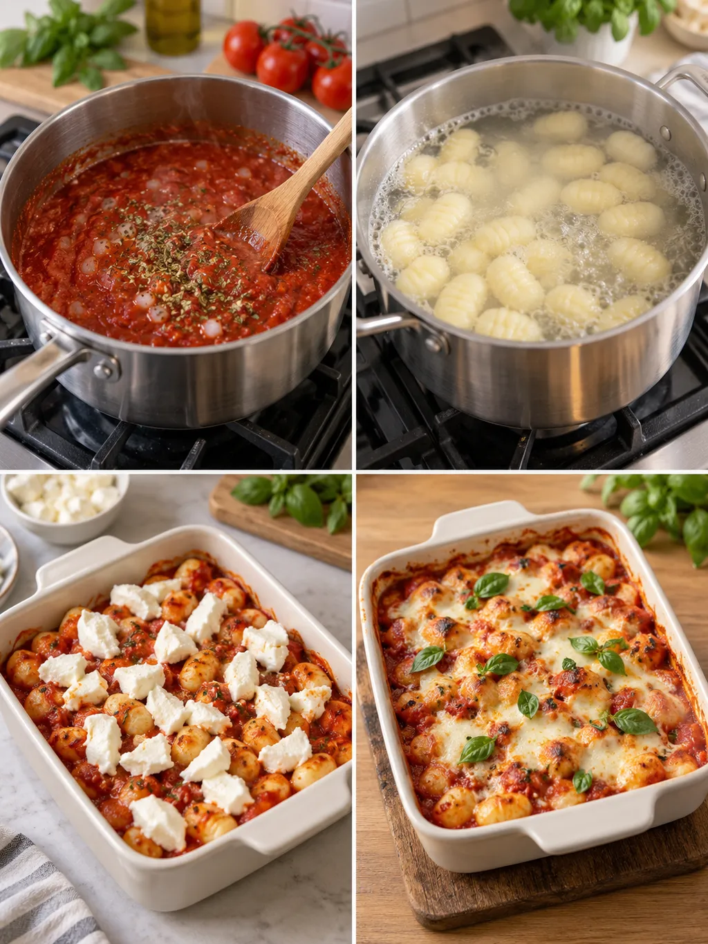 Tomatsås, kokning av gnocchi, osttopping och färdig gnocchigratäng