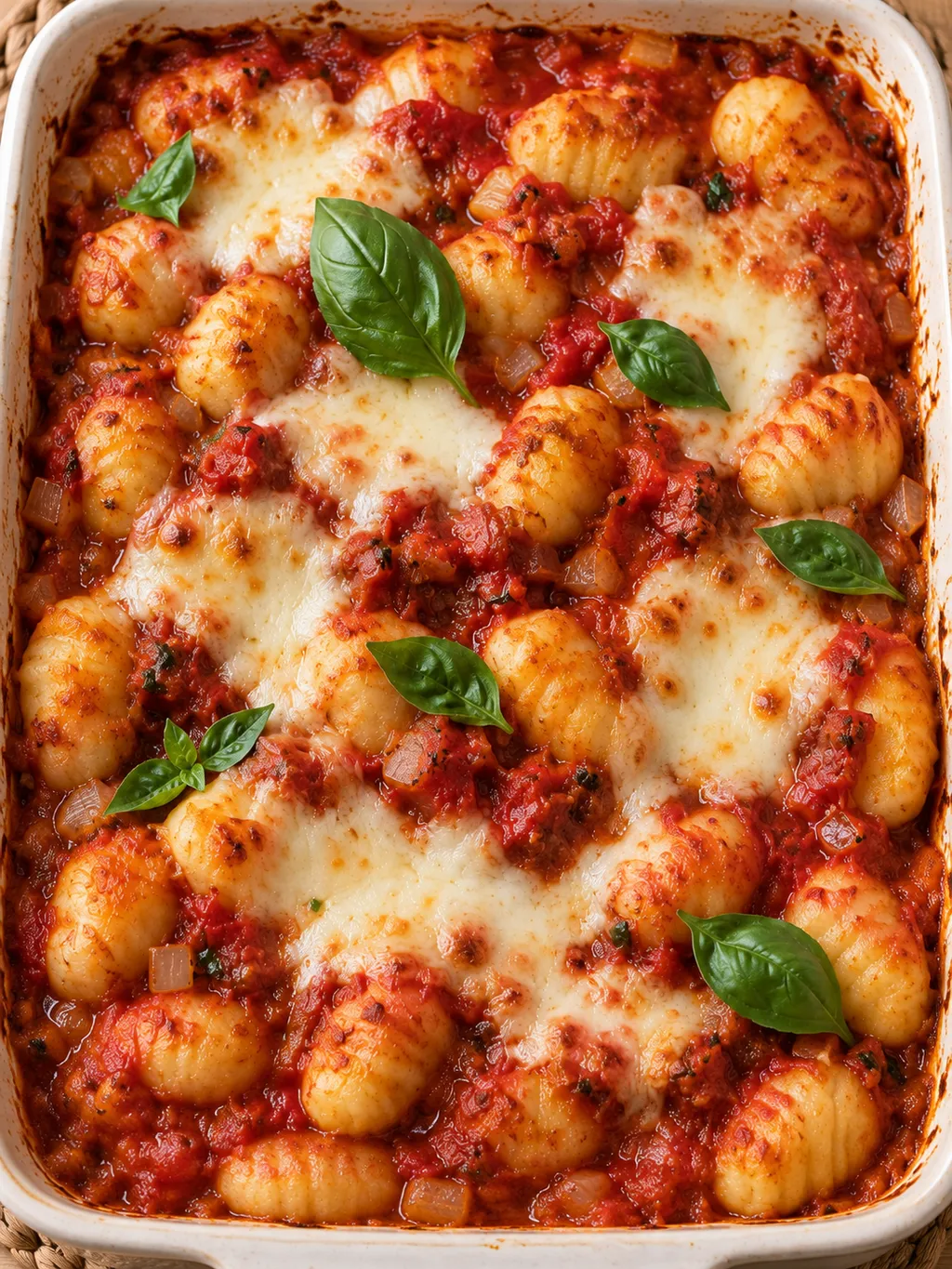 Gnocchigratäng med röd tomatsås, smält mozzarella och gröna basilikablad