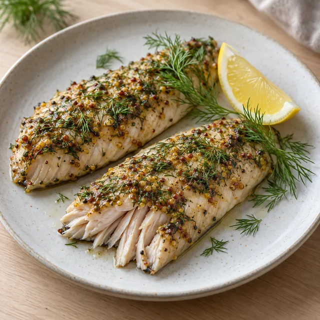 Ugnsbakad makrill med grovkornigt senapstäcke, färsk dill och citron