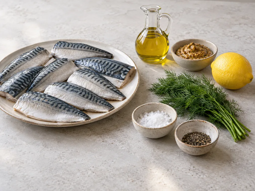 Makrillfiléer, grovkornig senap, rapsolja, citron, dill, salt och svartpeppar