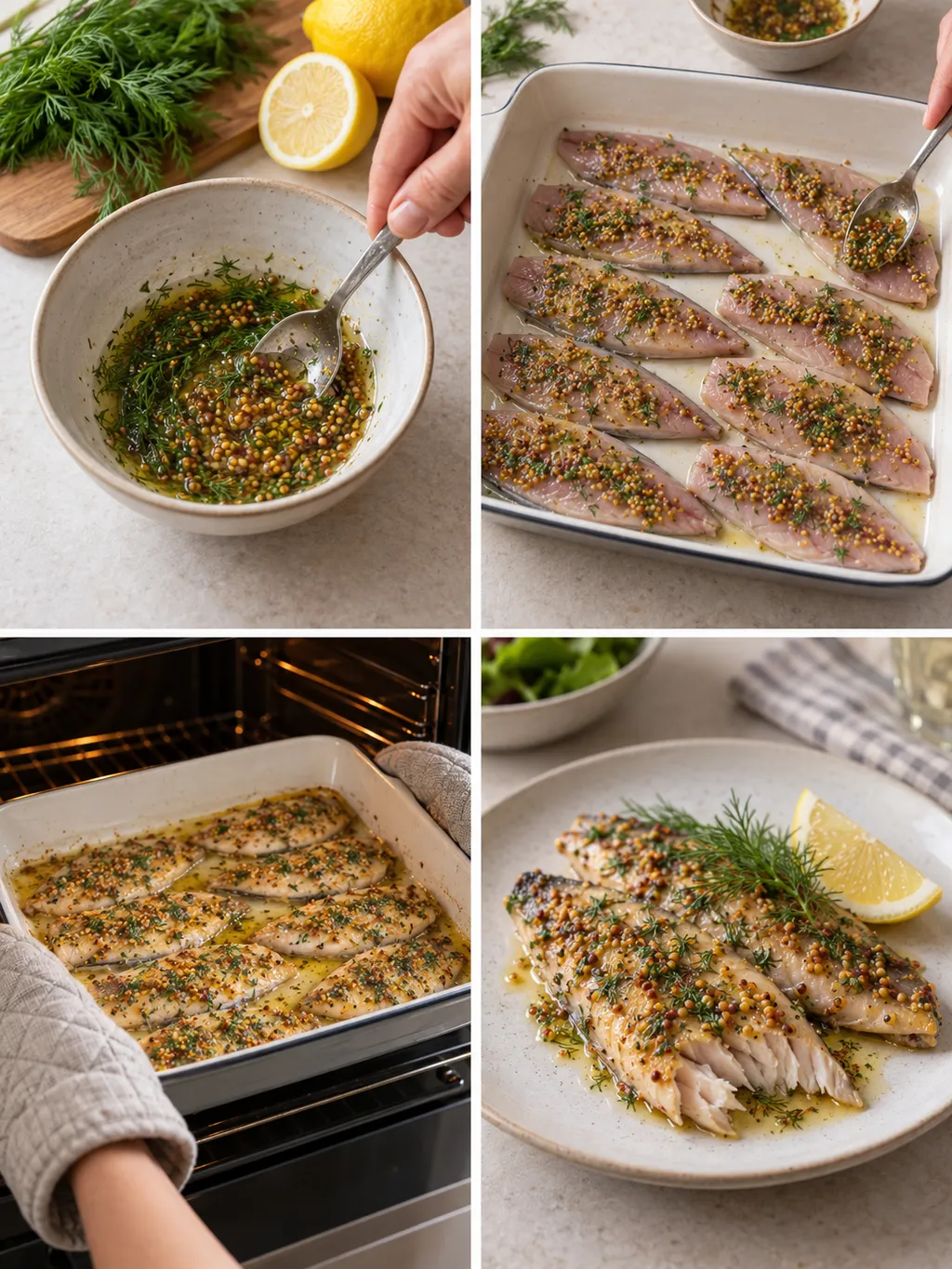 Senapstäcke blandas och breds på makrill som ugnsbakas och serveras med dill