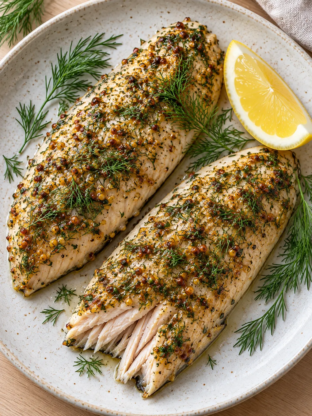 Makrillfiléer med senapsfrön, hackad dill och citron på en ljus tallrik