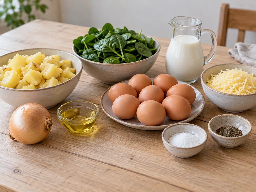 Potatis, spenat, lök, åtta ägg, mjölk, riven ost, rapsolja, salt och peppar