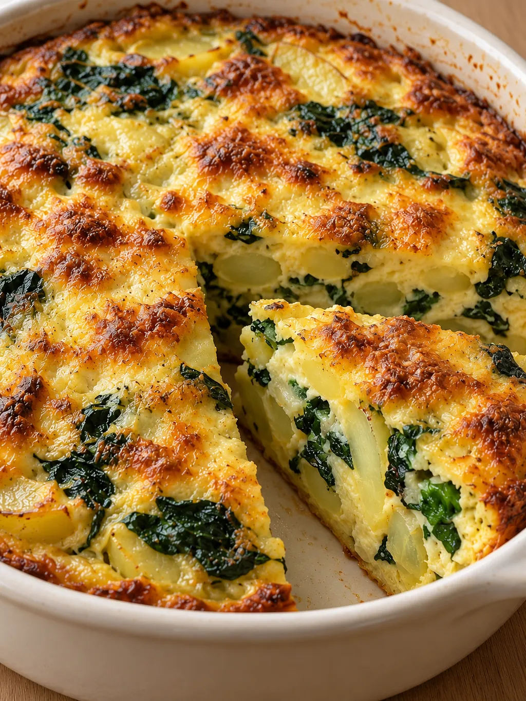 En uppskuren bit ugnsomelett med mjuk potatis, grön spenat och brynt ostyta