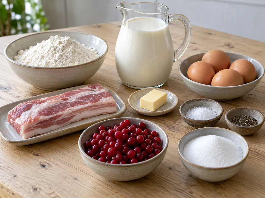 Mjöl, mjölk, fyra ägg, fläsk, smör, kryddor, lingon och socker till ugnspannkaka