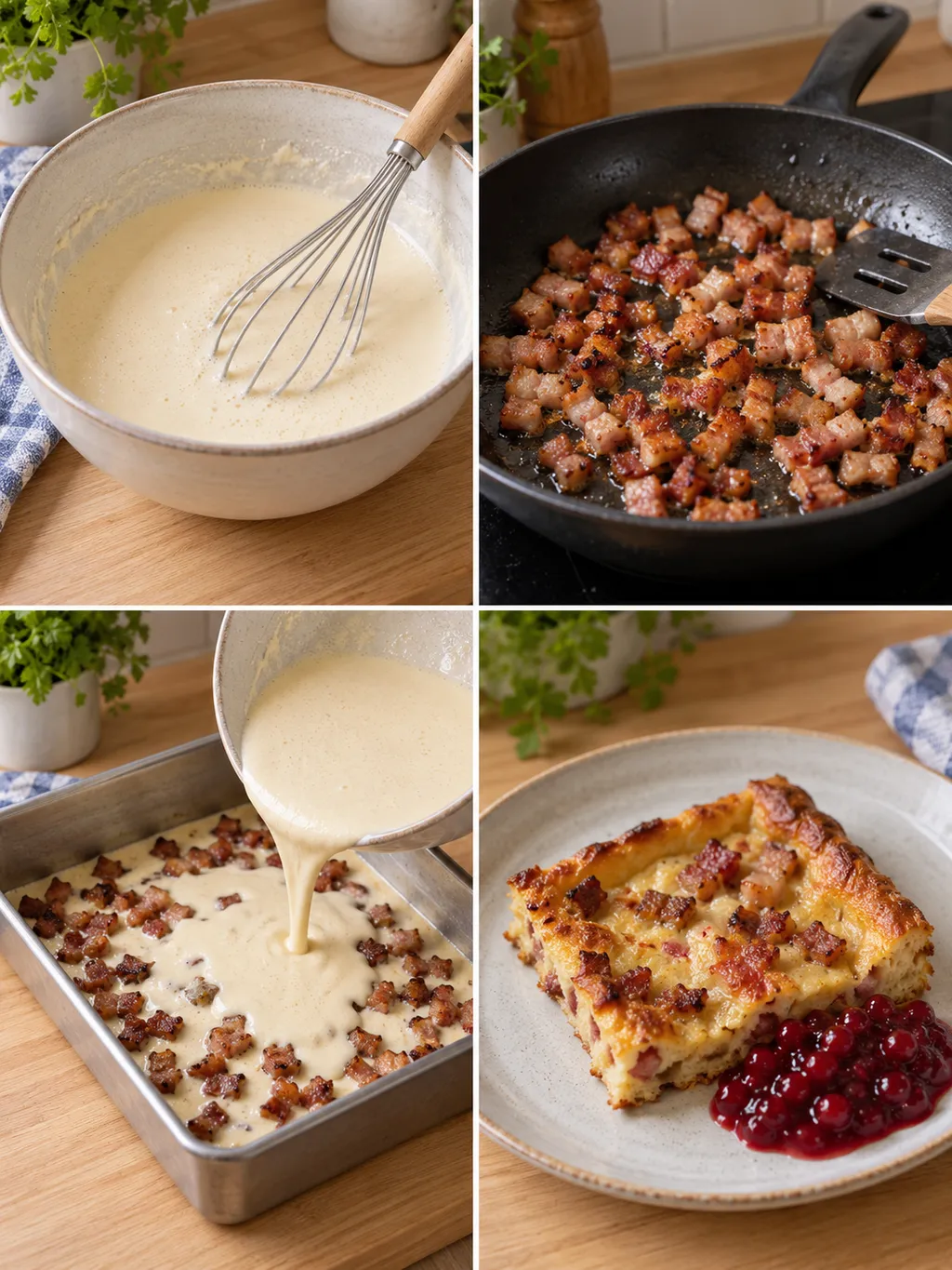Smet vispas, fläsk bryns och pannkakan förbereds före servering med lingon