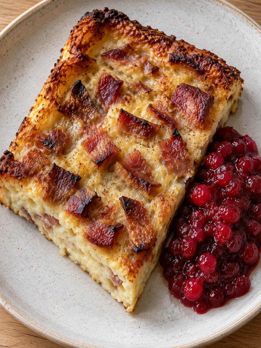 Gyllene fläskpannkaka med brynta fläsktärningar och röda rårörda lingon