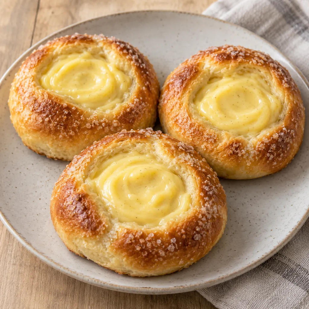 Vaniljbullar med gul kräm i mitten och sockrad brödkant på ett ljust fat