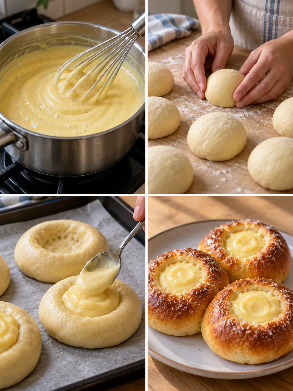 Vaniljkräm kokas och vetebullar formas, fylls och serveras med sockrad kant