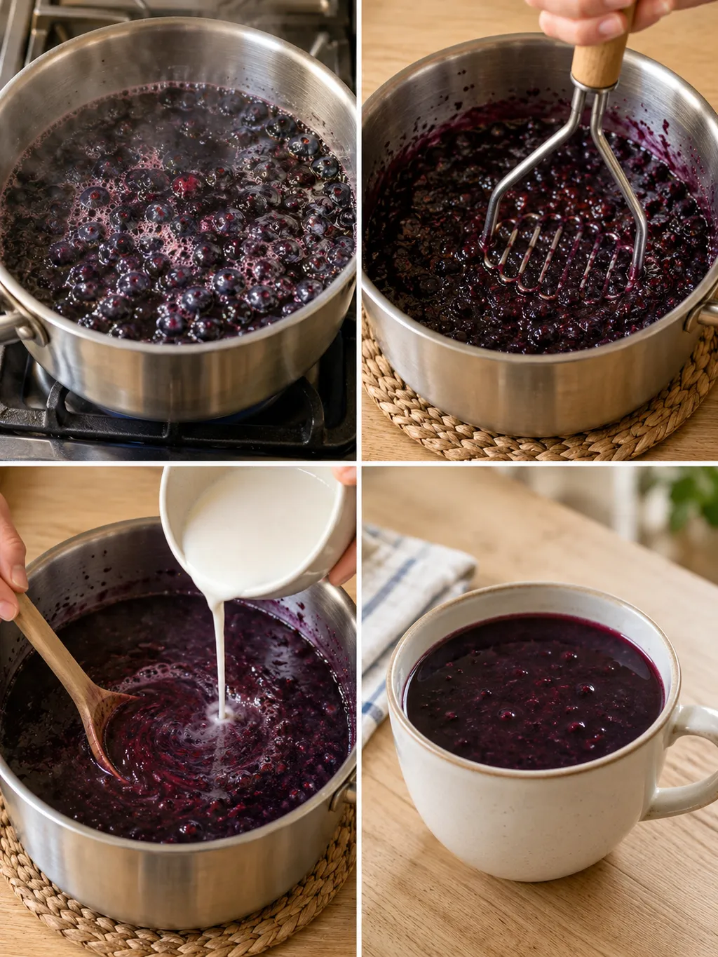 Blåbär kokas, mosas och reds till blåbärssoppa som serveras i mugg