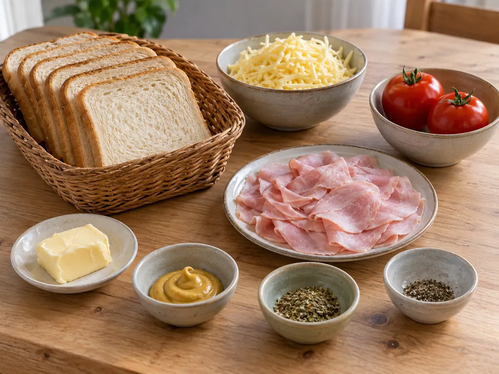Bröd, skinka, gouda, tomater, smör, senap, oregano och svartpeppar