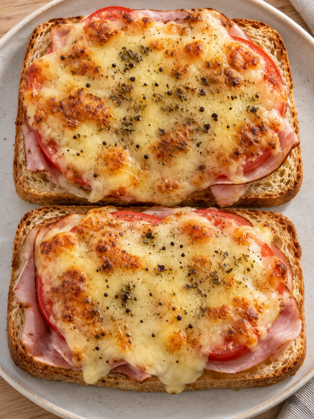 Två ugnsmackor med skinka, tomat, smält gouda och oregano