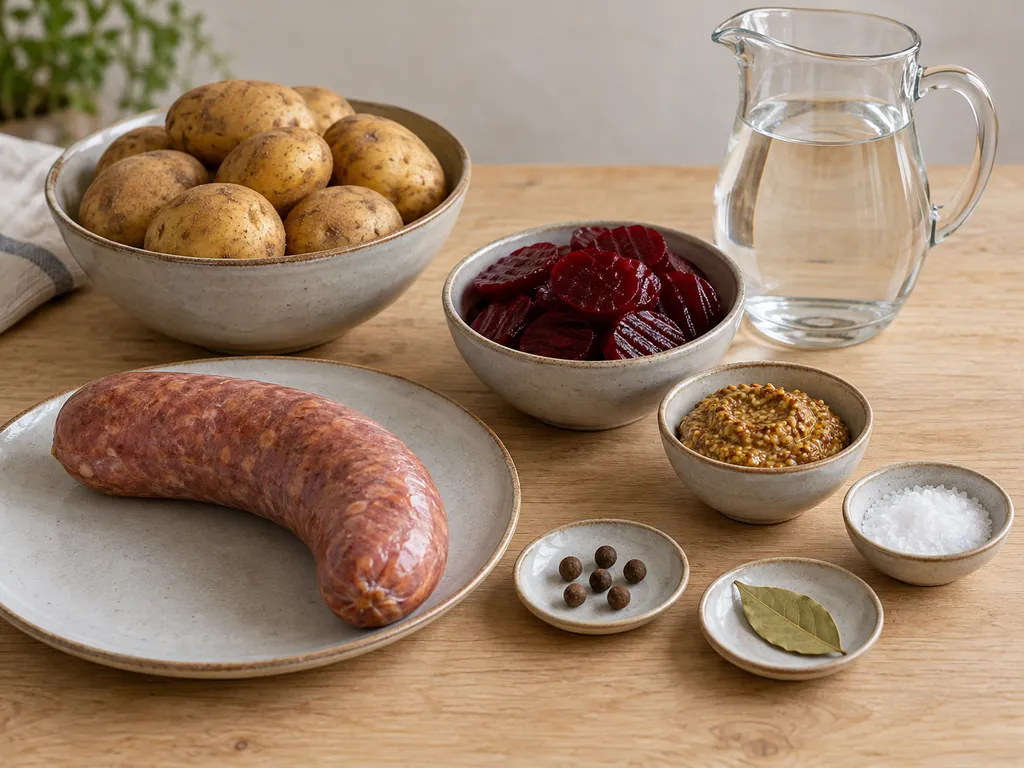 Rå värmlandskorv, potatis, rödbetor, senap och kryddor i separata skålar