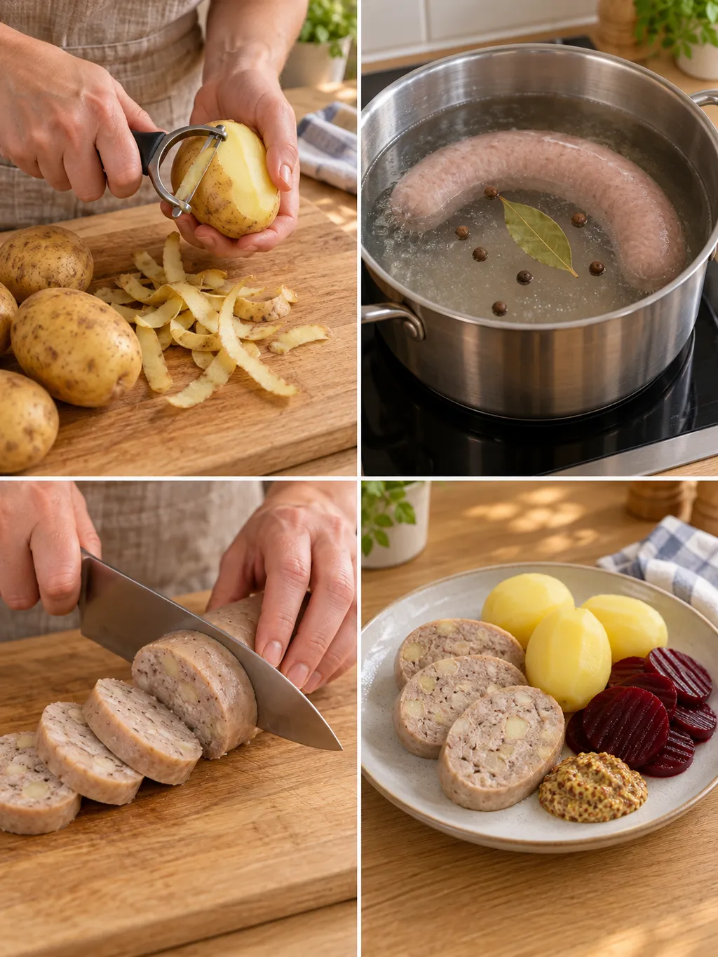 Potatis skalas och värmlandskorv sjuds, skivas och serveras med rödbetor och senap