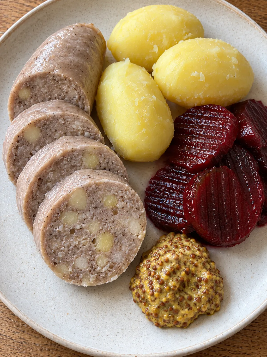 Värmlandskorv i tjocka skivor med potatis, rödbetor och senap på en ljus tallrik