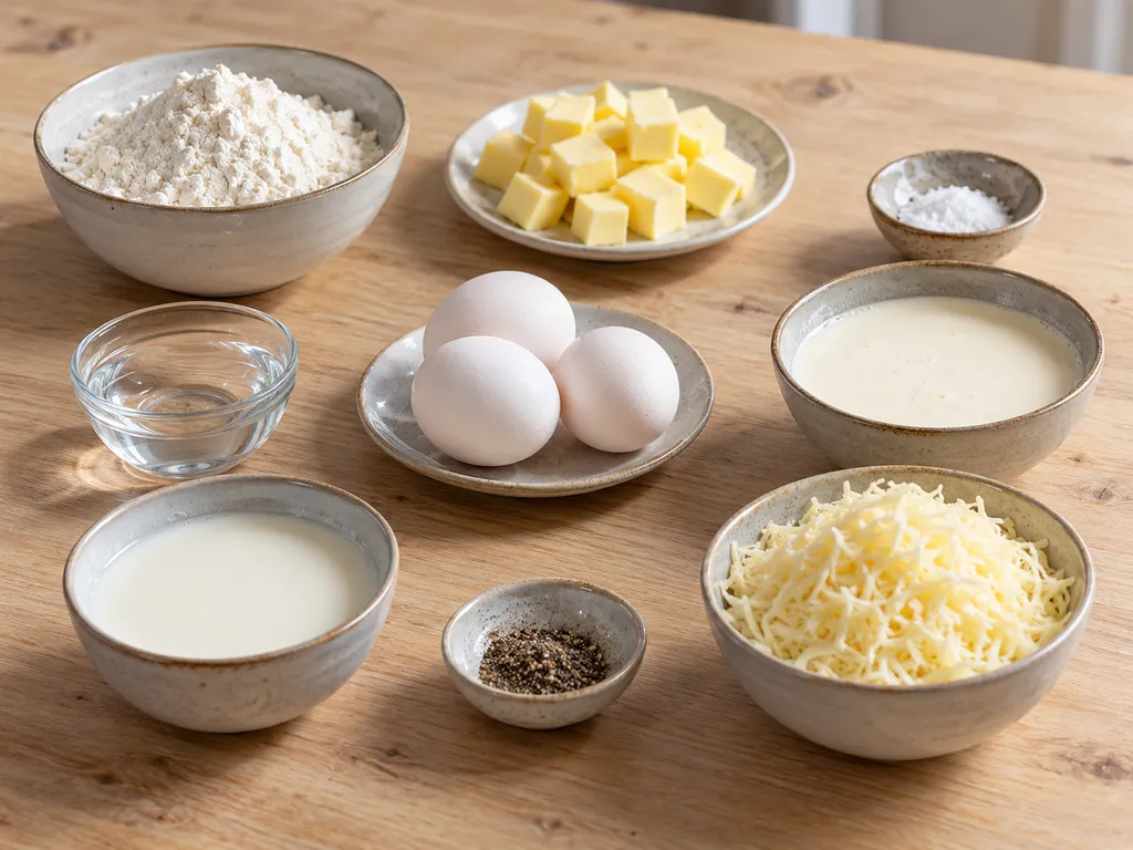 Mjöl, smör, ägg, grädde, mjölk och riven ost till västerbottensostpaj