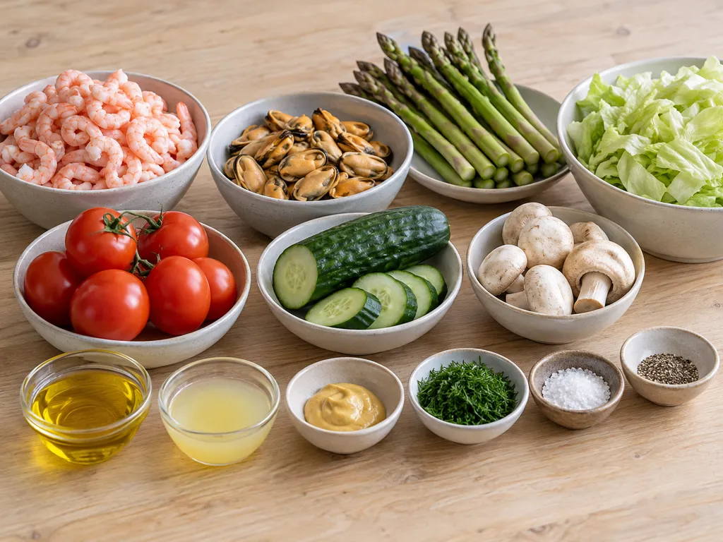 Räkor, musselkött, sparris, salladsgrönsaker och ingredienser till dilldressing