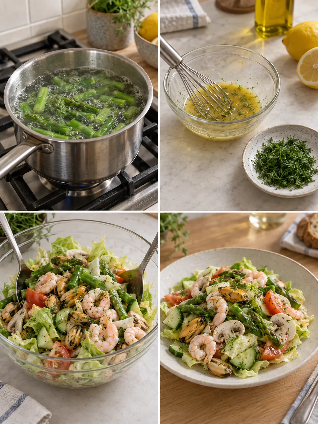 Sparriskokning, dressing och blandning av västkustsallad samt en färdig portion