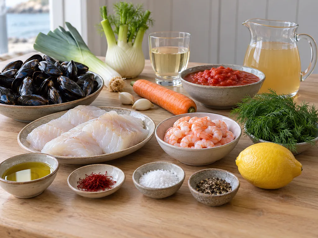 Torsk, blåmusslor, räkor, saffran, tomater och grönsaker till fisksoppa