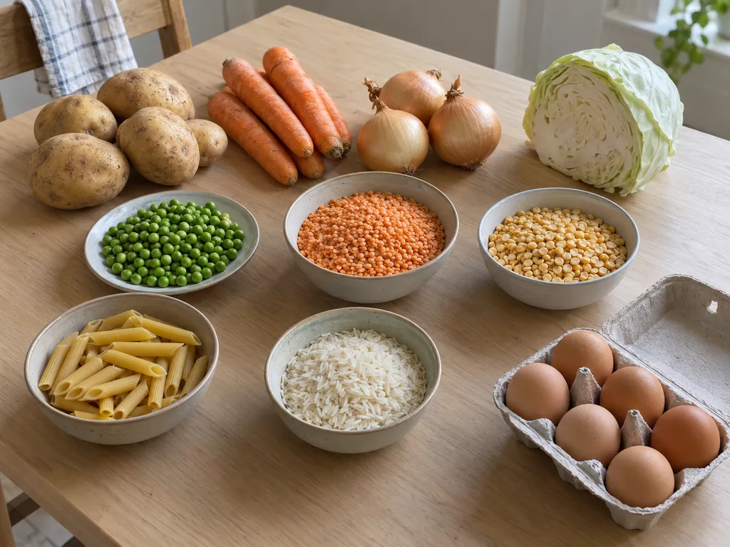 Potatis, grönsaker, torra ärter, linser, pasta, ris och ägg samlade på ett köksbord.