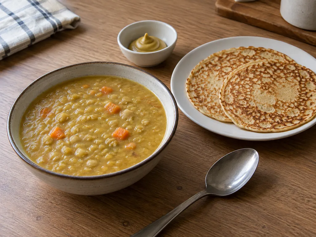 Gul ärtsoppa med morotsbitar, två pannkakor och en liten skål senap.